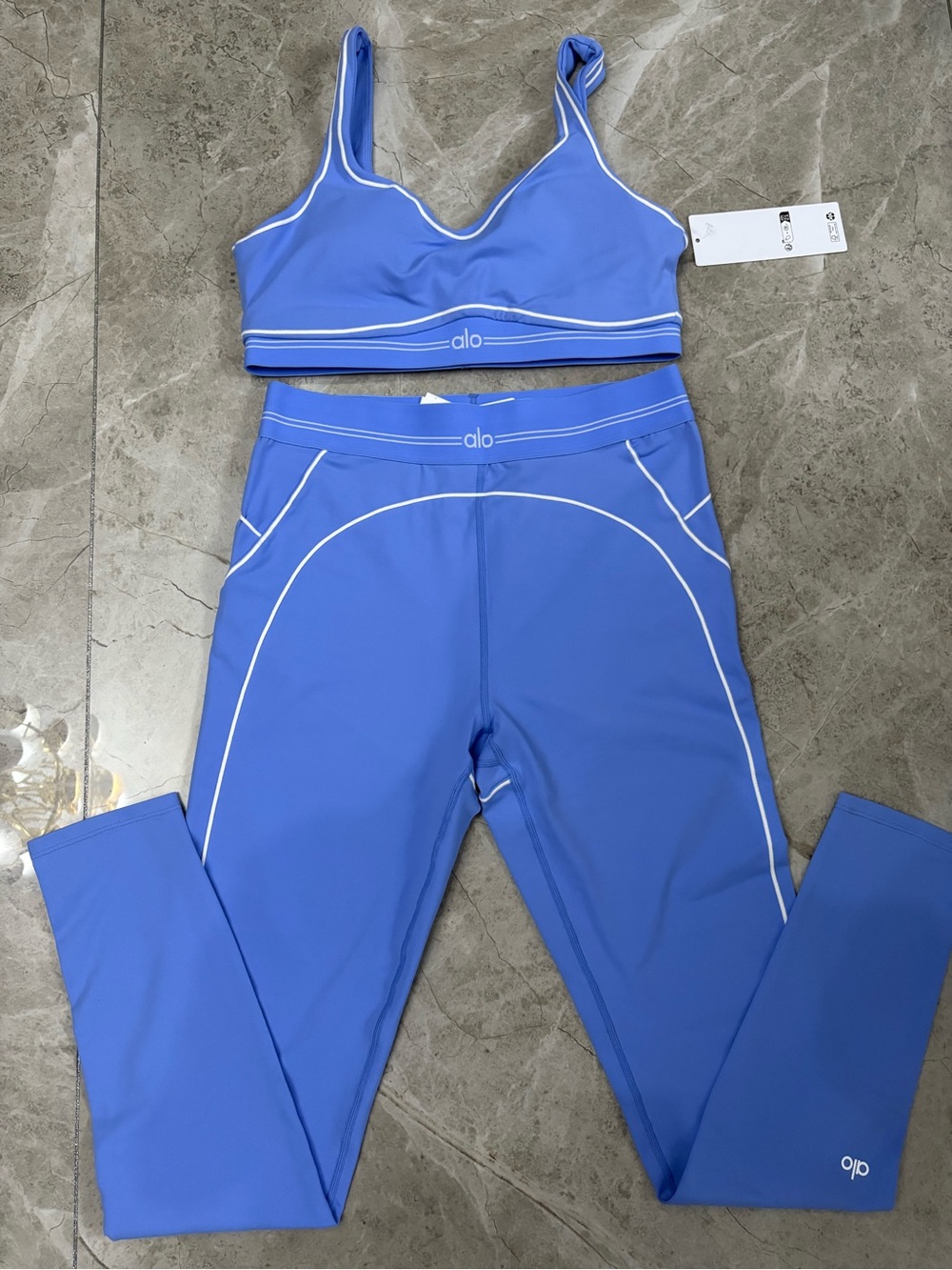 ALO Yoga Women's Two-Piece Active Set in Periwinkle Blue with White Trim